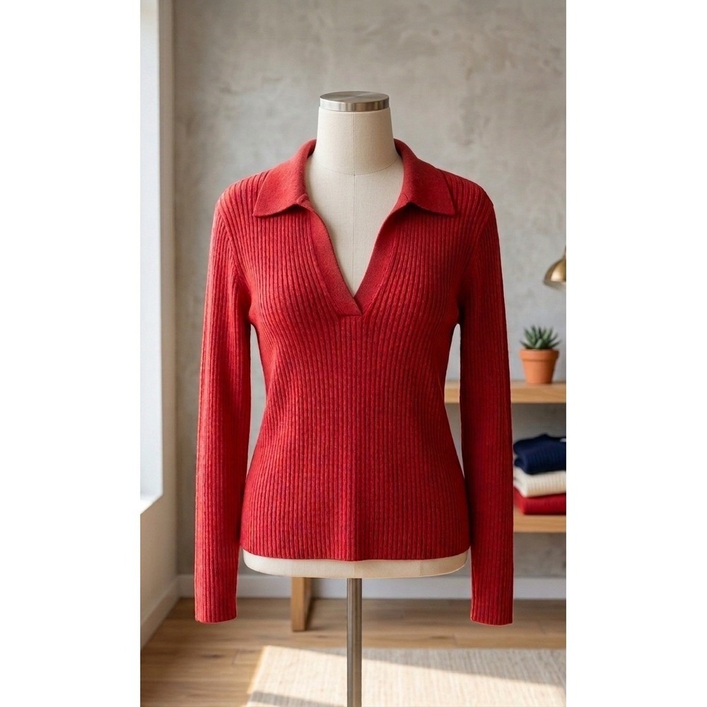 Red Ribbed Knit Polo Sweater Open Collar V-Neck Top Preppy Minimalist XL